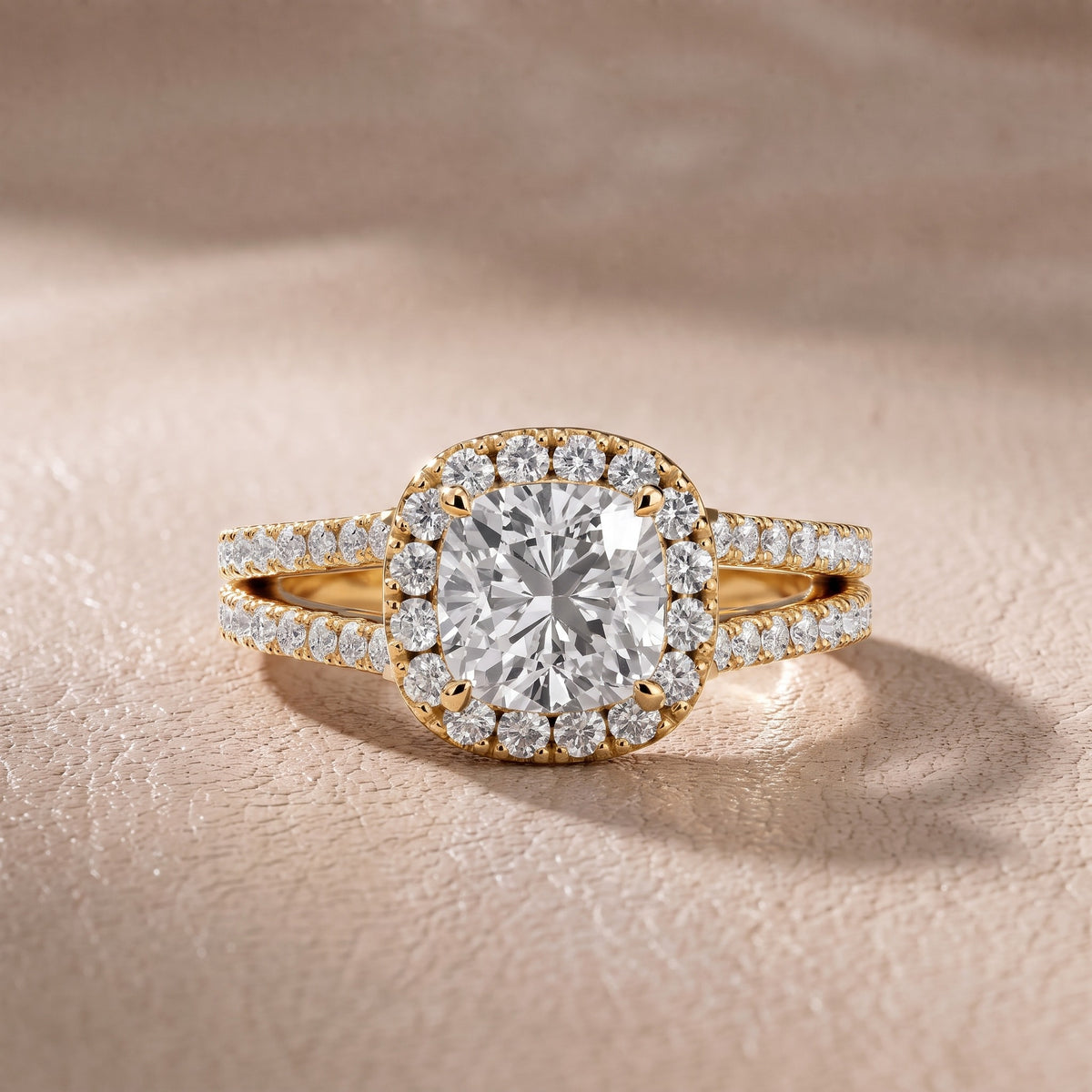 Kira Halo Split Shank Cushion Diamond Engagement Ring in Yellow Gold - front.jpg