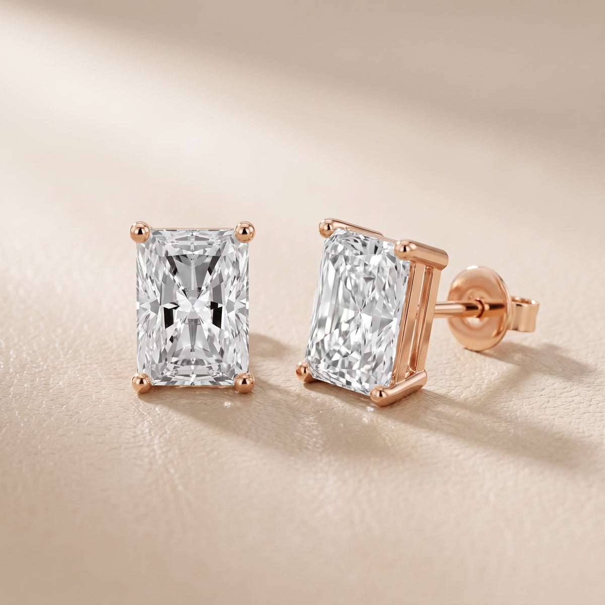 Four Prong Radiant Diamond Stud Earrings in Rose Gold - lifestyle