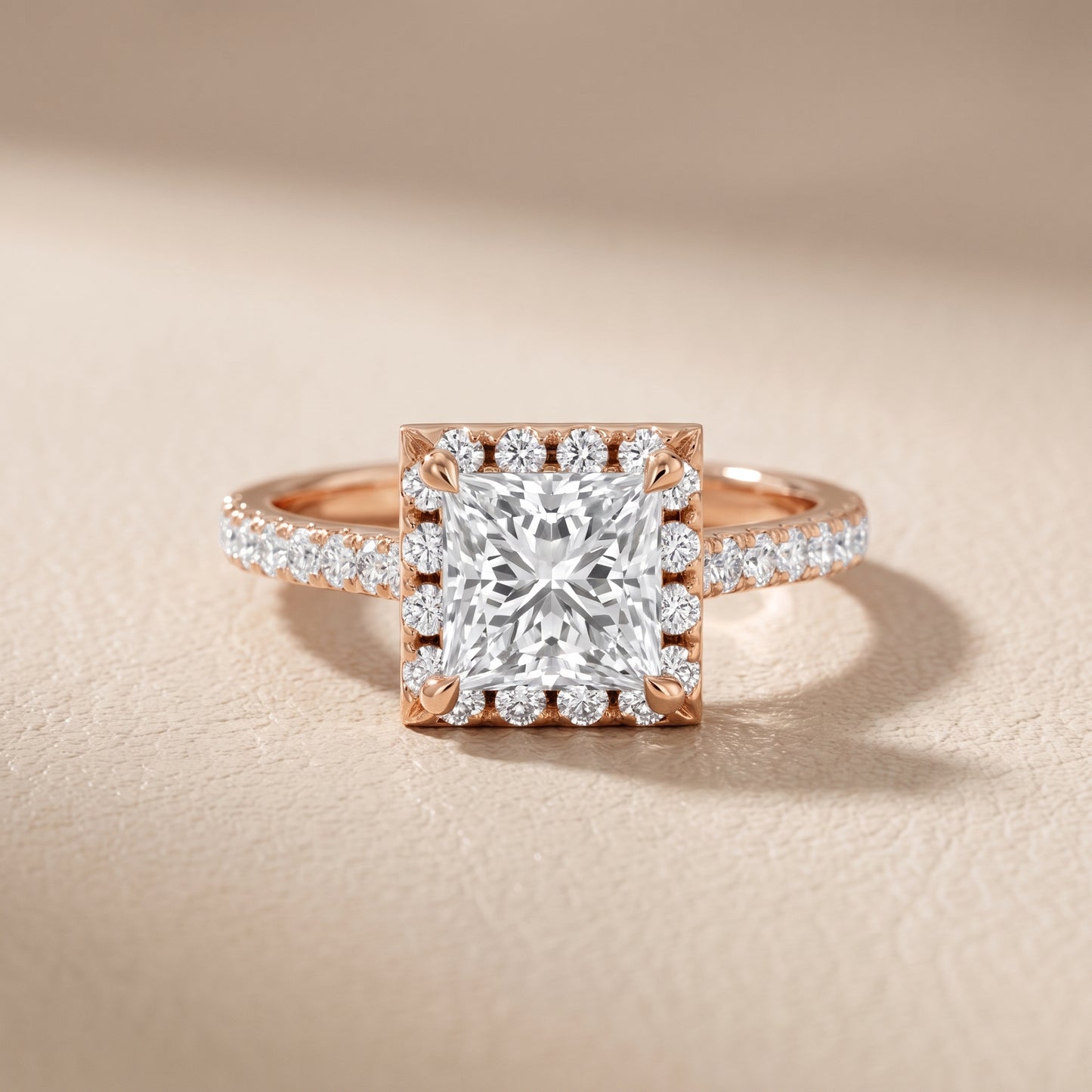 Amara Halo Claw Prong Princess Diamond Ring in Rose Gold - front.jpg