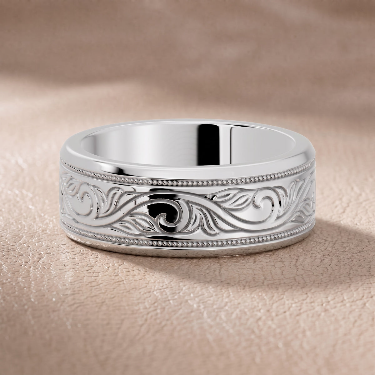 Helena Carved Milgrain Wedding Band in White Gold - front.jpg