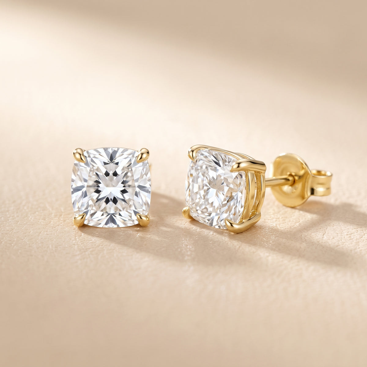 Four Prong Cushion Diamond Stud Earrings in Yellow Gold - lifestyle
