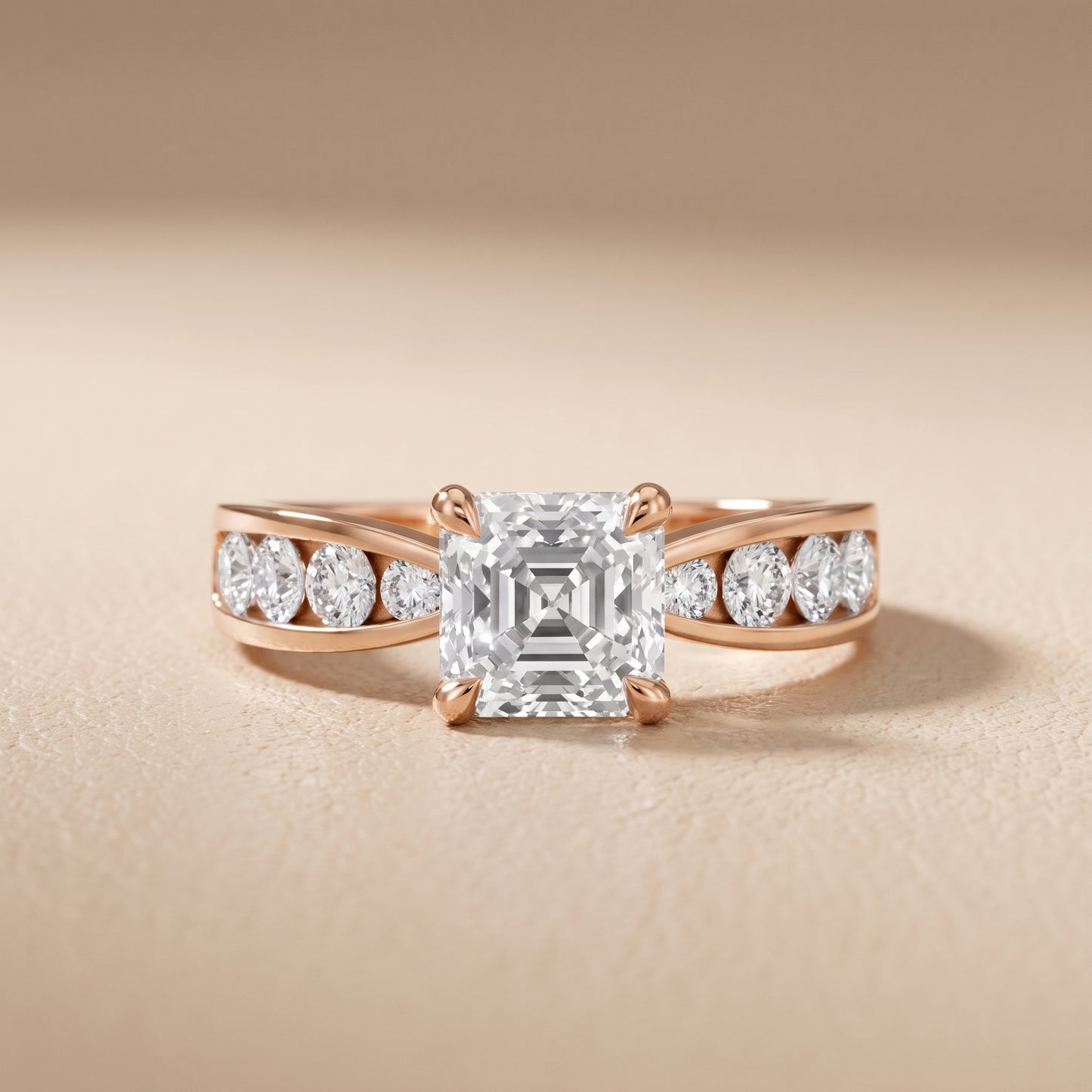 Noor Channel Set Sidestone Asscher Diamond Engagement Ring in Rose Gold - front.jpg