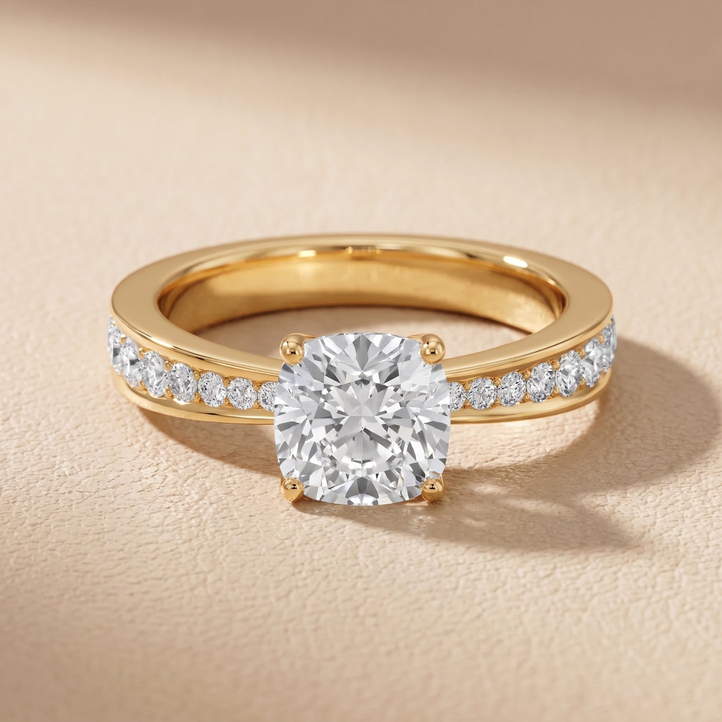 Rhea Sidestone Pavé Cushion Diamond Engagement Ring in Yellow Gold - front.jpg