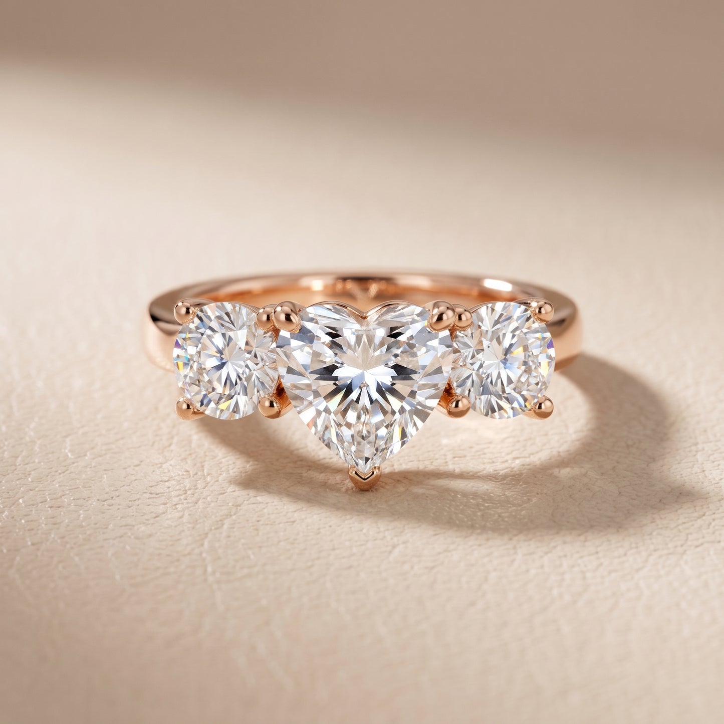 Callie Three-Stone Trellis Heart Diamond Engagement Ring in Rose Gold - front.jpg