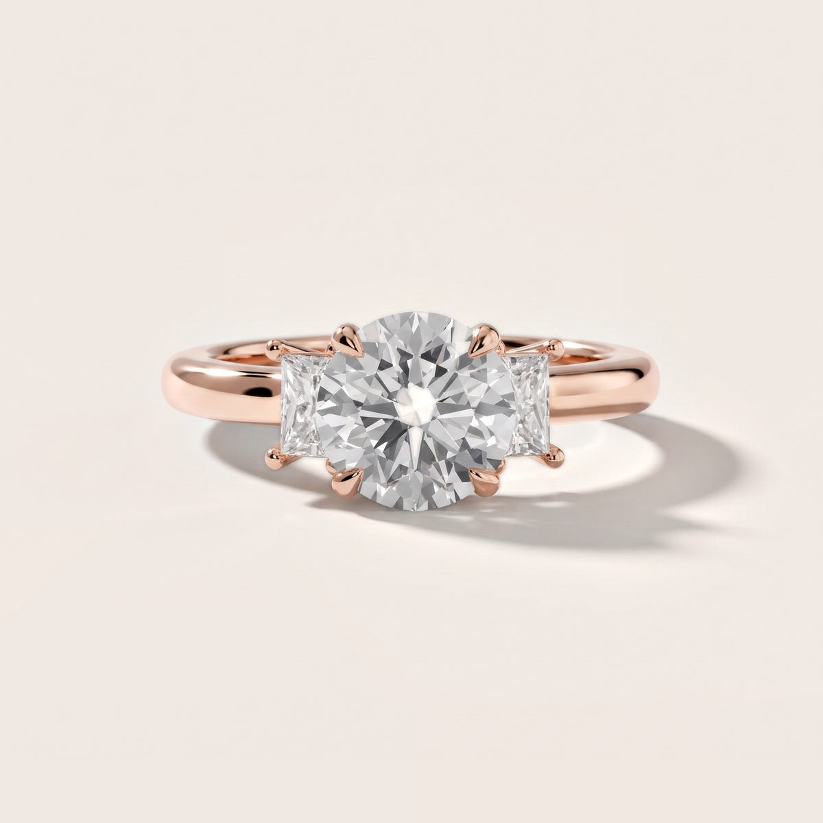 Cosette Statement Three-Stone Round Diamond Engagement Ring in Rose Gold - front.jpg