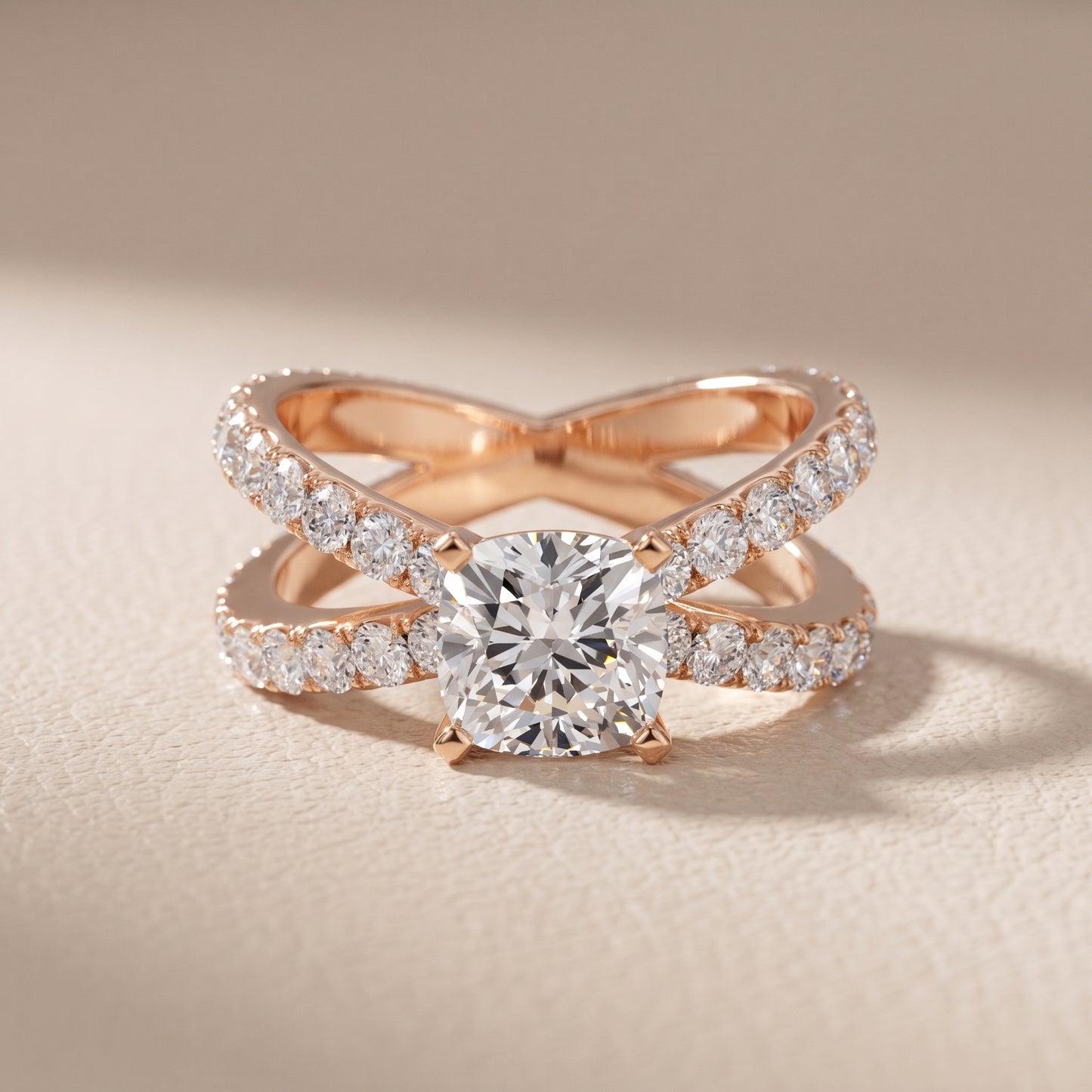 Lior Criss Cross Pavé Cushion Diamond Engagement Ring in Rose Gold - front.jpg