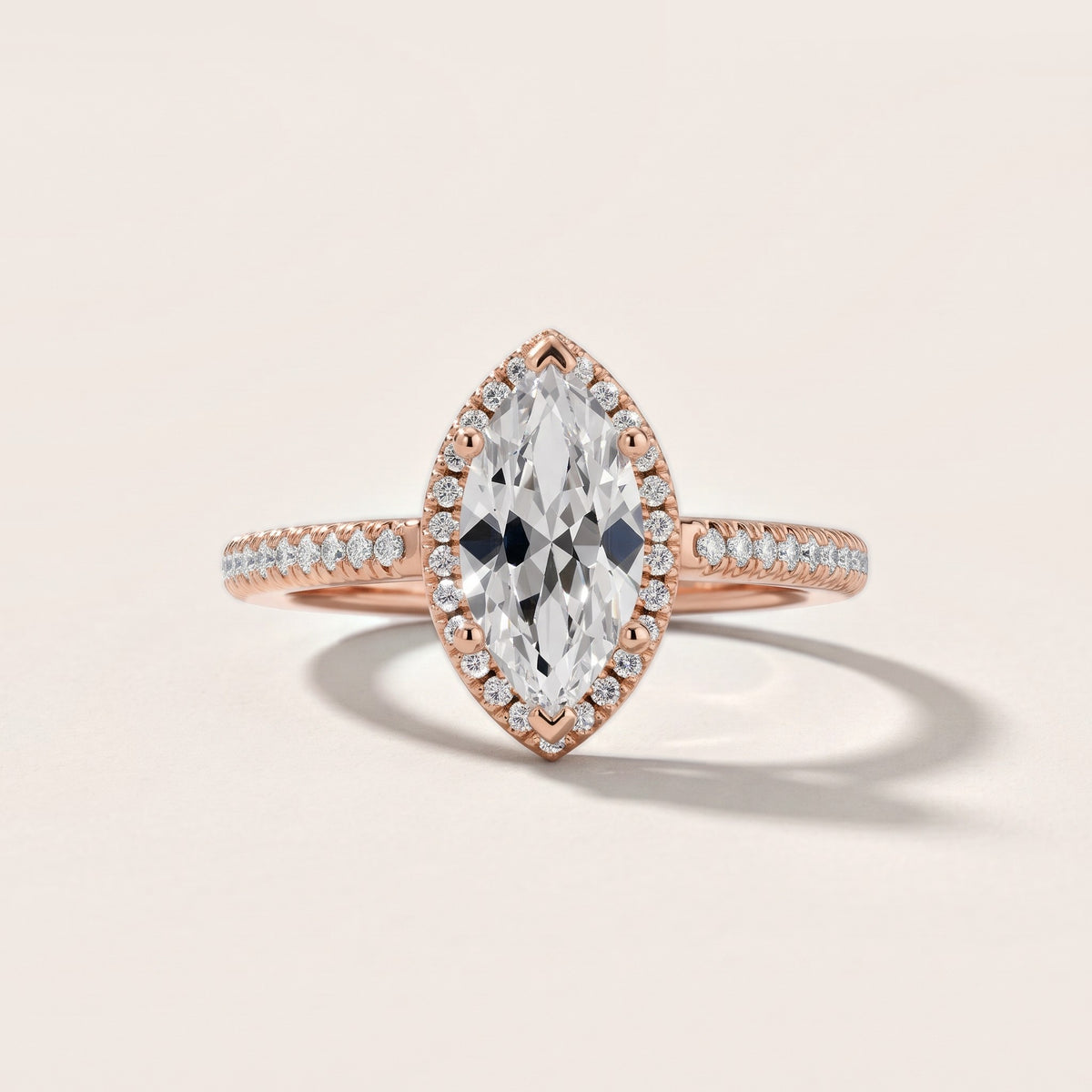 Tempe Halo Pavé Marquise Diamond Engagement Ring in Rose Gold - front.jpg