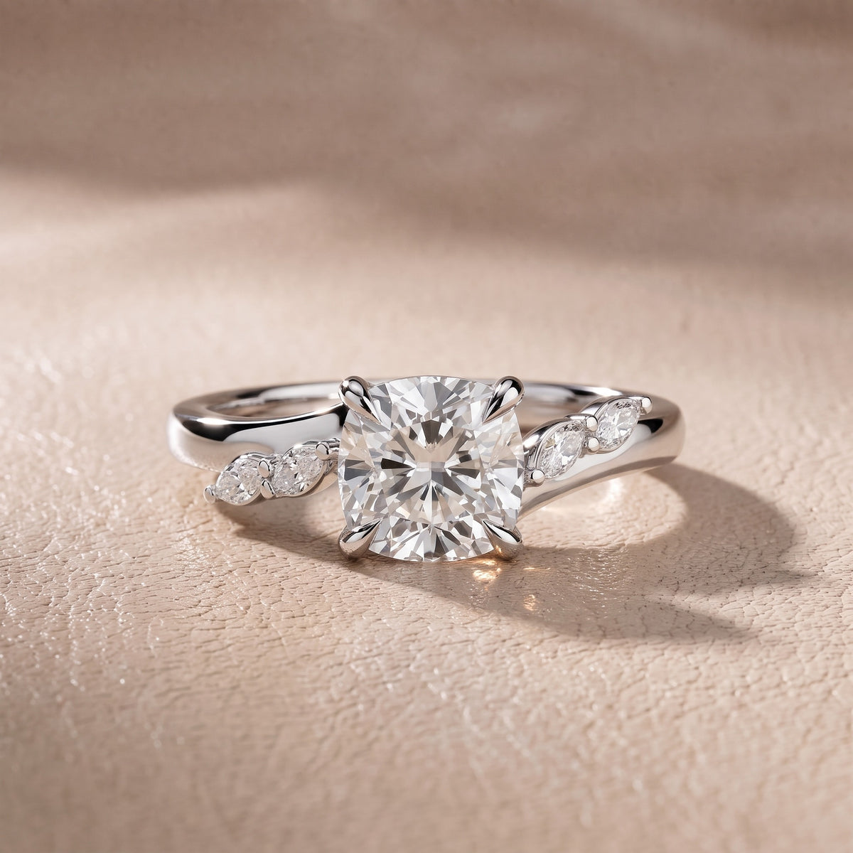 Flora Twist Side Stone Cushion Diamond Engagement Ring in Silver - front.jpg