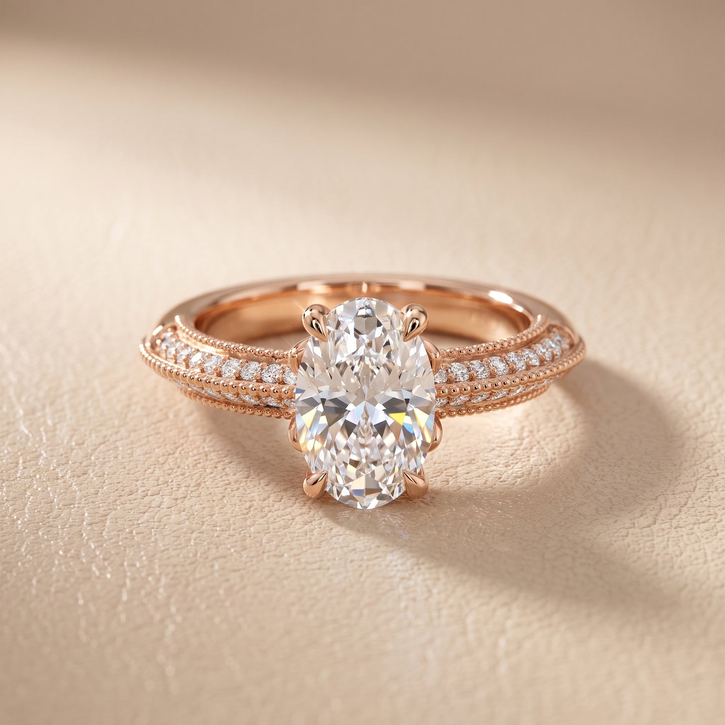 Indie Vintage Milgrain Oval Diamond Engagement Ring in Rose Gold - front.jpg