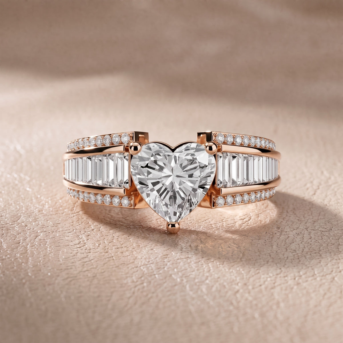 Tara Channel Set Baguette Accent Heart Diamond Engagement Ring in Rose Gold - front.jpg