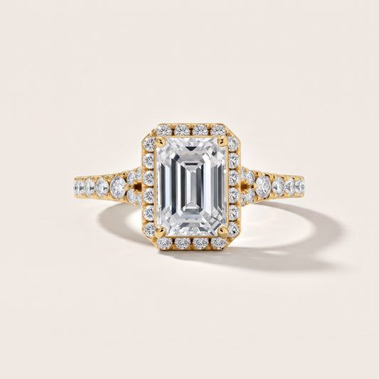 Bella Halo Pavé Emerald Diamond Engagement Ring in Yellow Gold