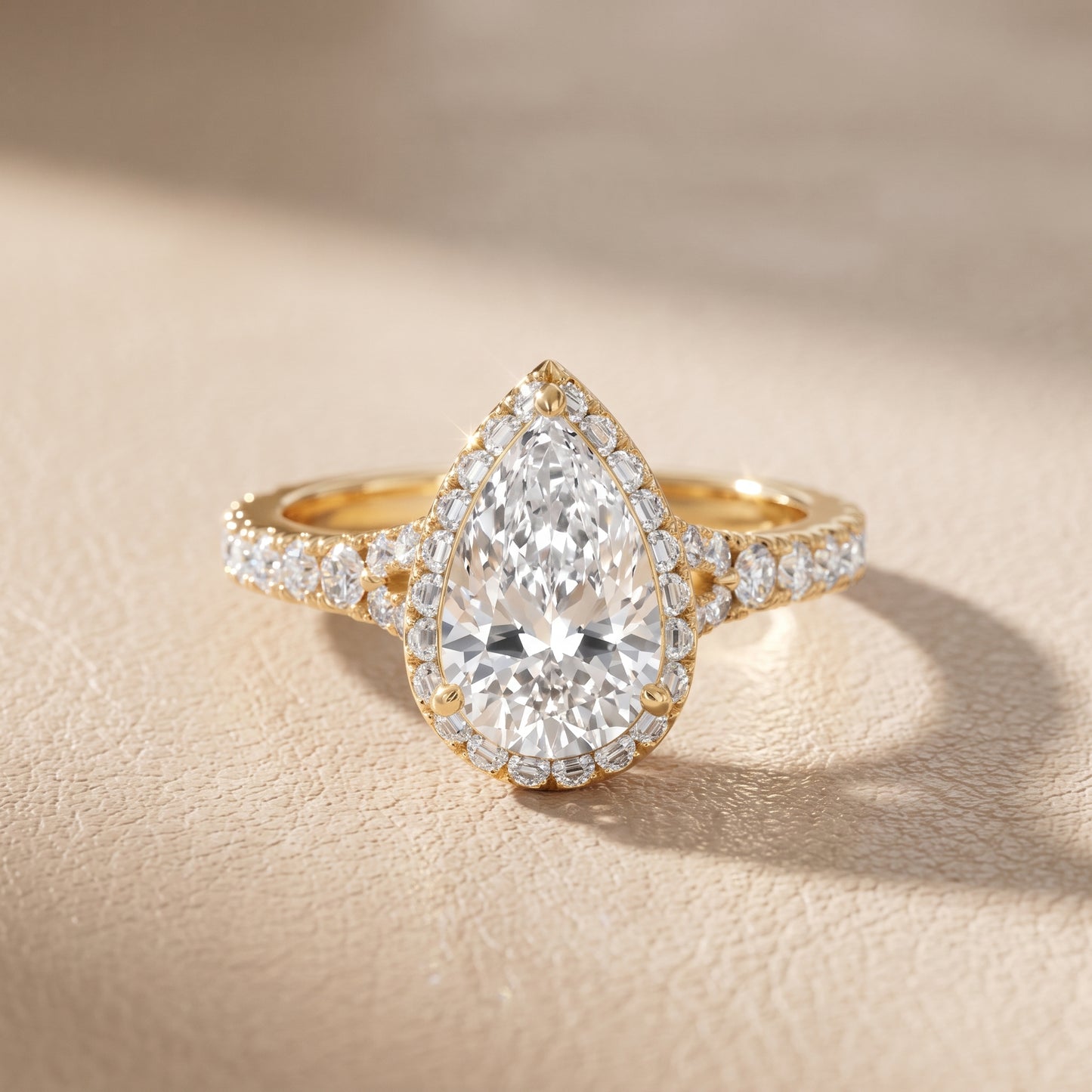 Bella Halo Pavé Pear Diamond Engagement Ring in Yellow Gold - front.jpg