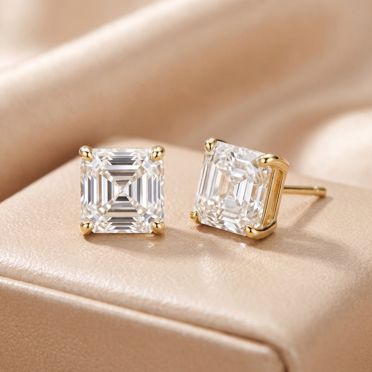 Four Prong Asscher Diamond Stud Earrings in Yellow Gold - lifestyle