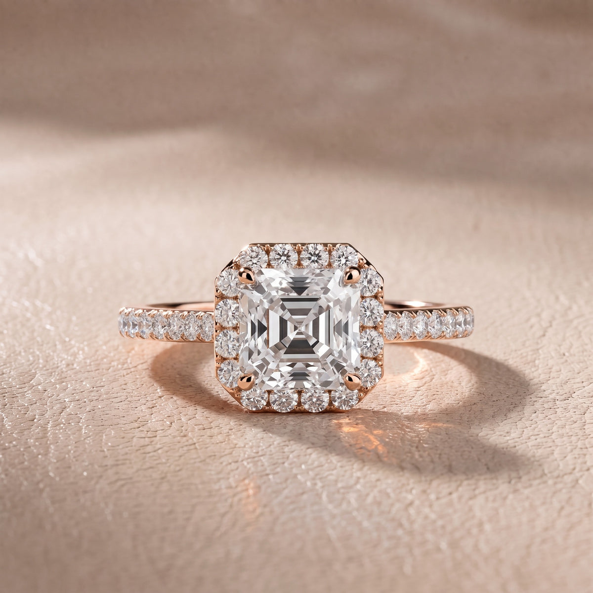 Alma Halo Pavé Asscher Diamond Engagement Ring in Rose Gold - front.jpg