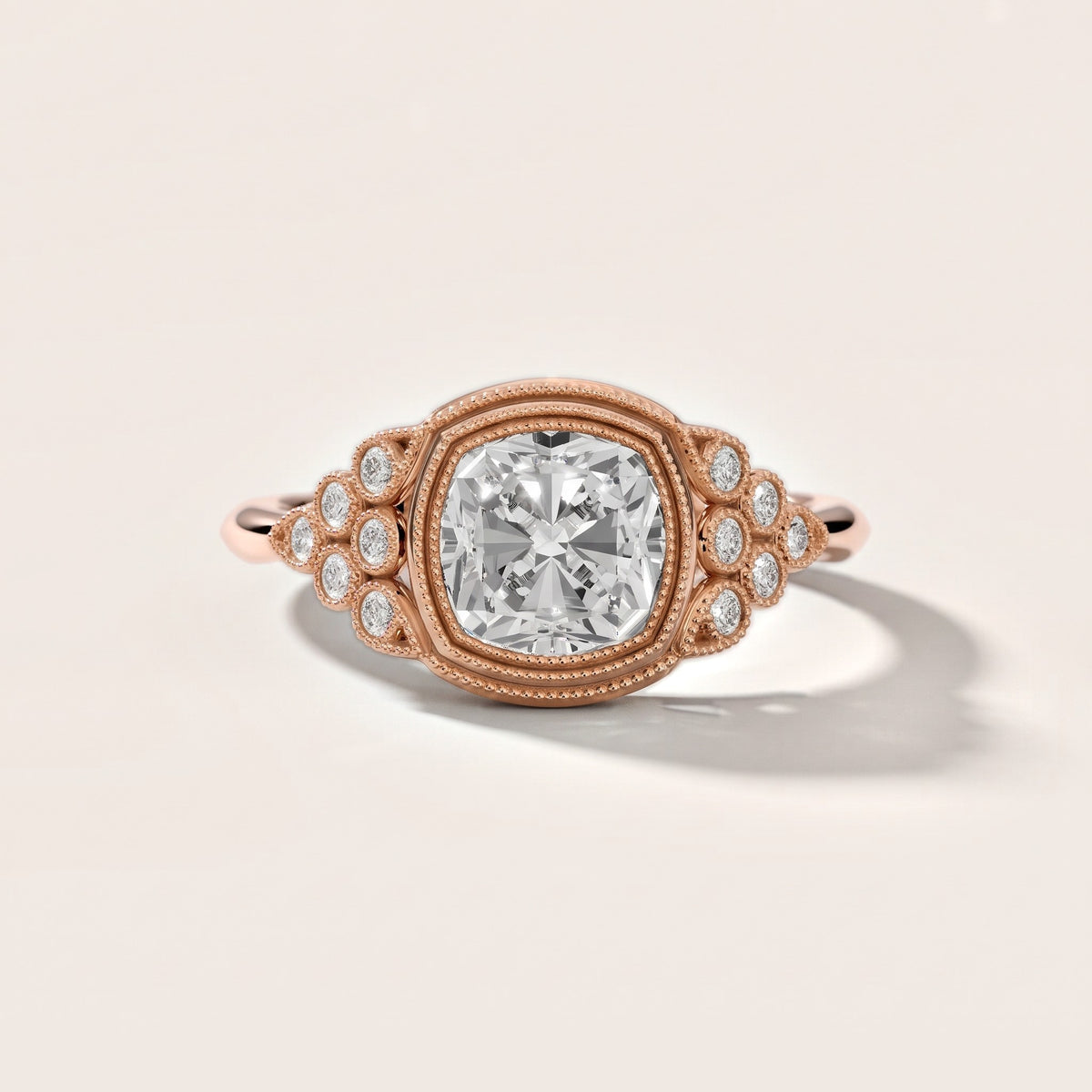 Effie Vintage Bezel Cushion Diamond Engagement Ring in Rose Gold - front.jpg