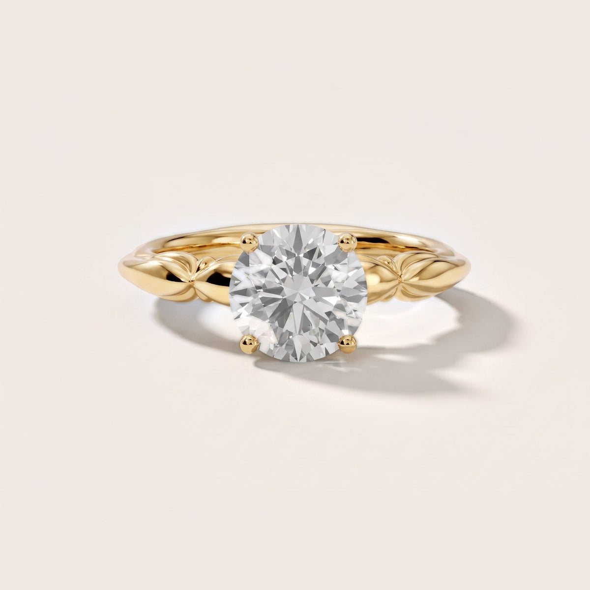 Verena Engraved Leaf Round Diamond Engagement Ring in Yellow Gold - front.jpg