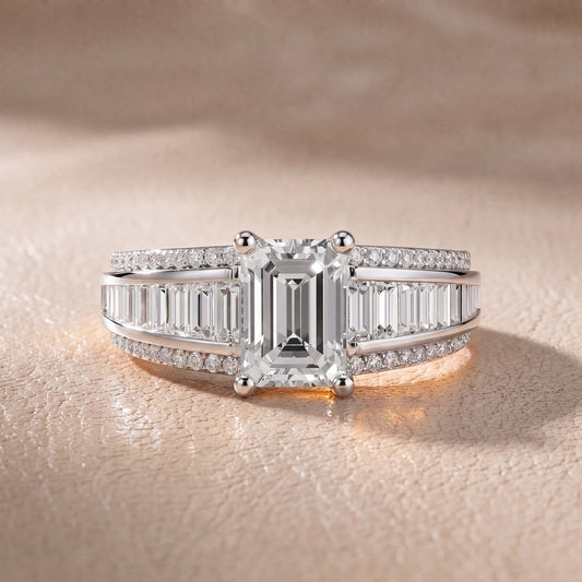 Tara Channel Set Baguette Accent Emerald Diamond Engagement Ring in Platinum - front.jpg