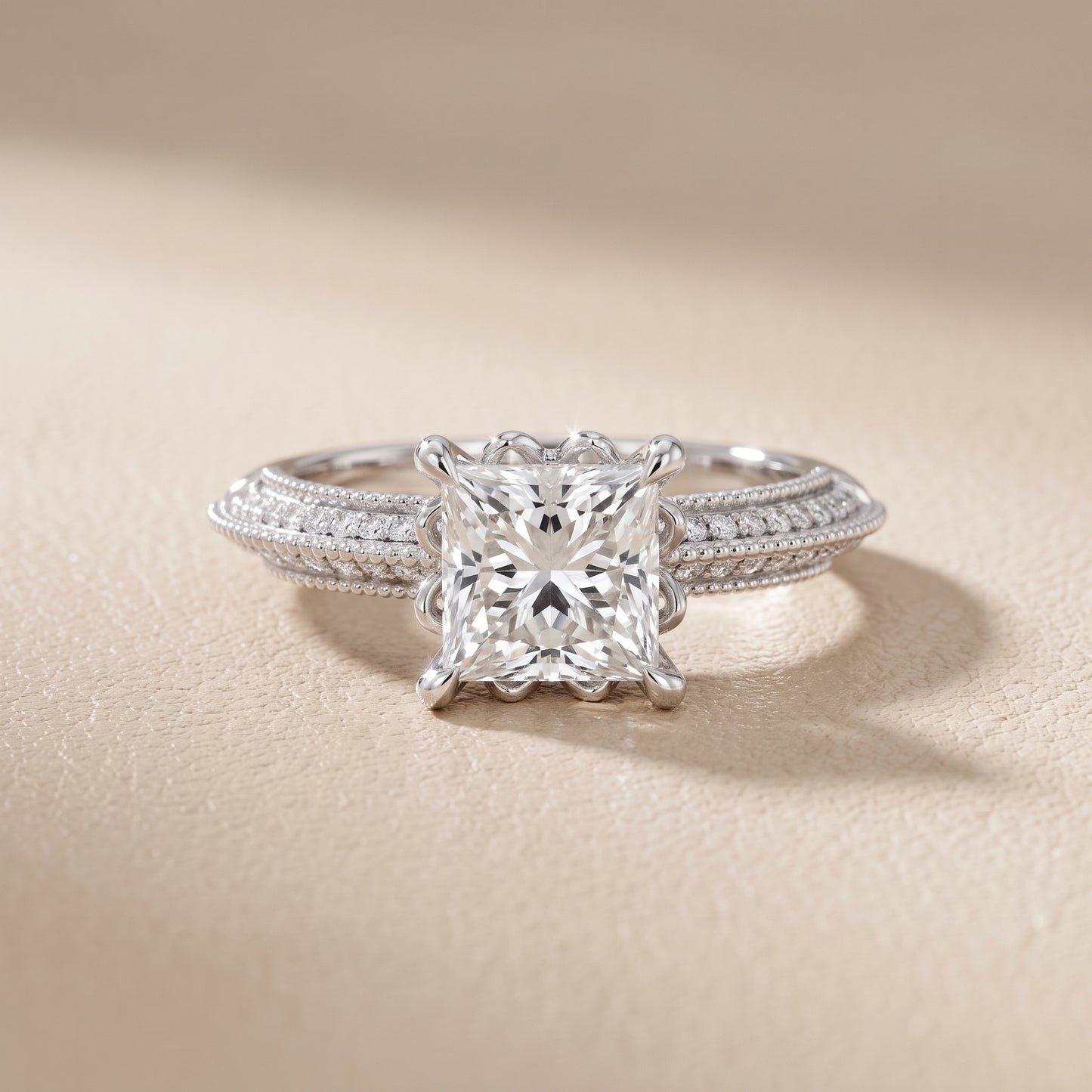 Indie Vintage Milgrain Princess Diamond Engagement Ring in Platinum - front.jpg