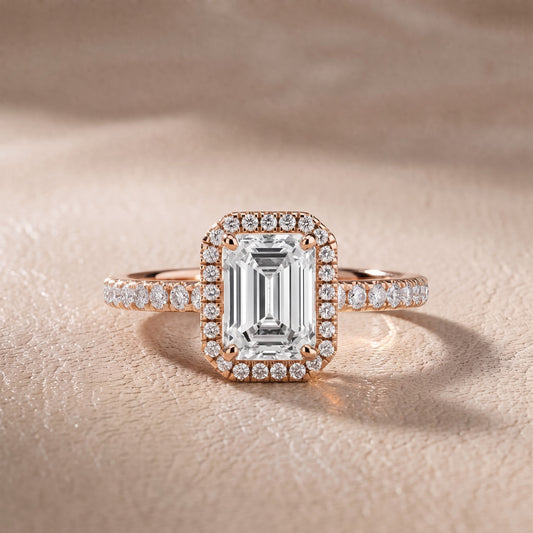 Mabel Halo French Pavé Emerald Diamond Engagement Ring in Rose Gold - front.jpg