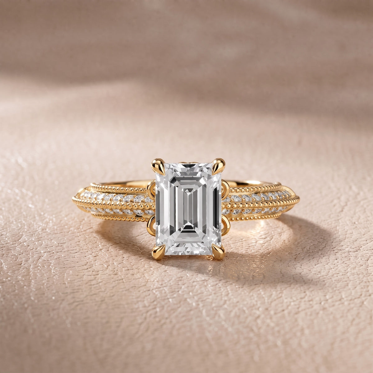 Chiara Vintage Milgrain Emerald Diamond Engagement Ring in Yellow Gold - front.jpg