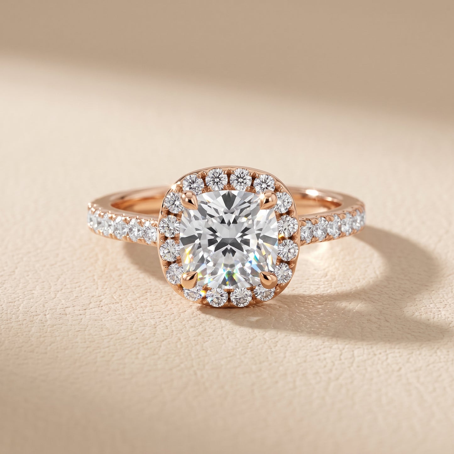 Amara Halo Claw Prong Cushion Diamond Ring in Rose Gold - front.jpg