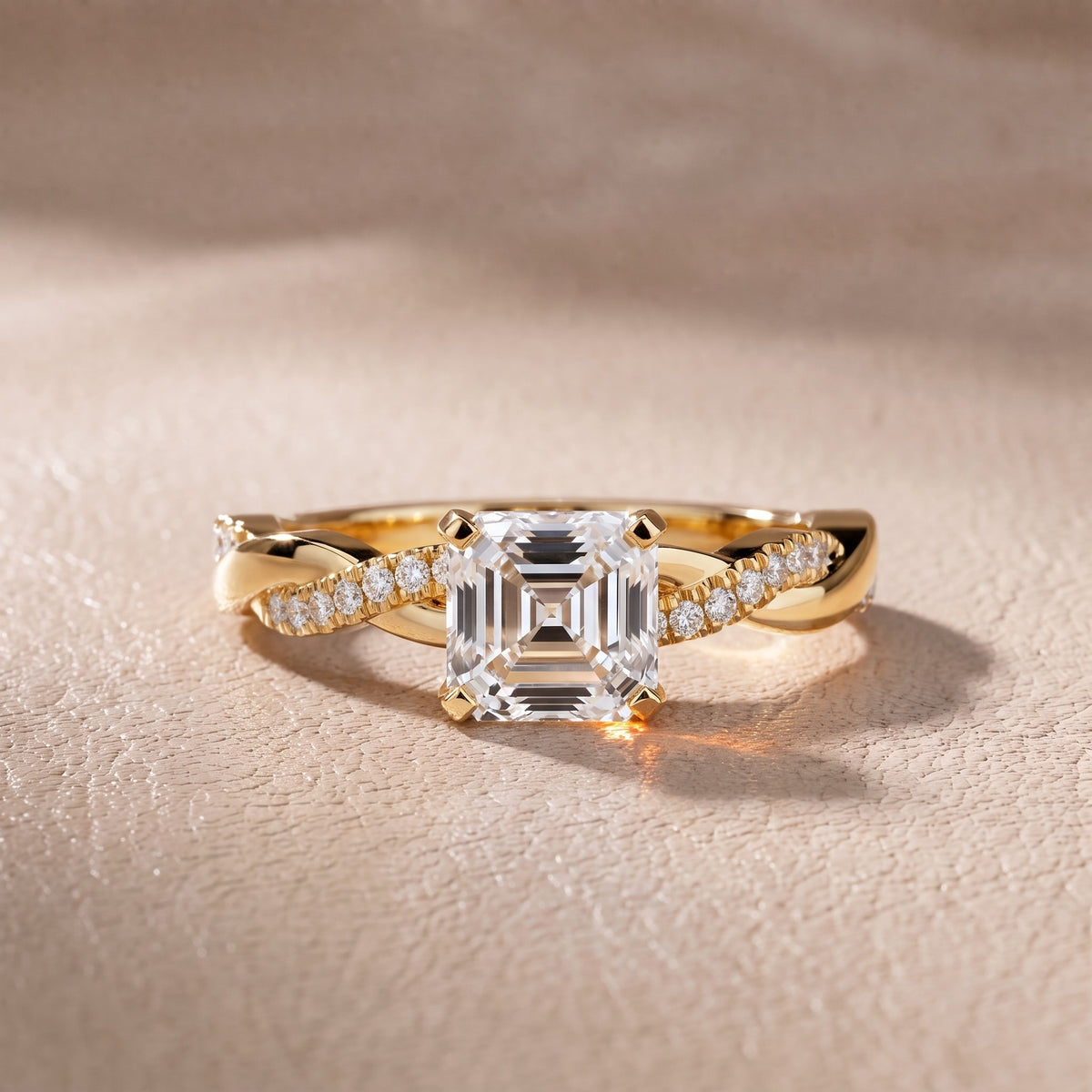 Twisted Side Stone Asscher Diamond Engagement Ring in Yellow Gold - front.jpg