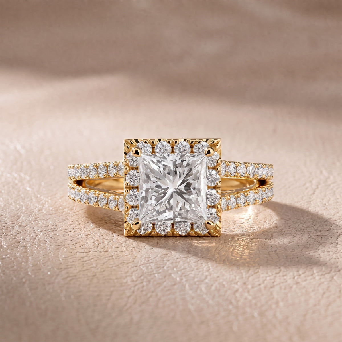 Kira Halo Split Shank Princess Diamond Engagement Ring in Yellow Gold - front.jpg
