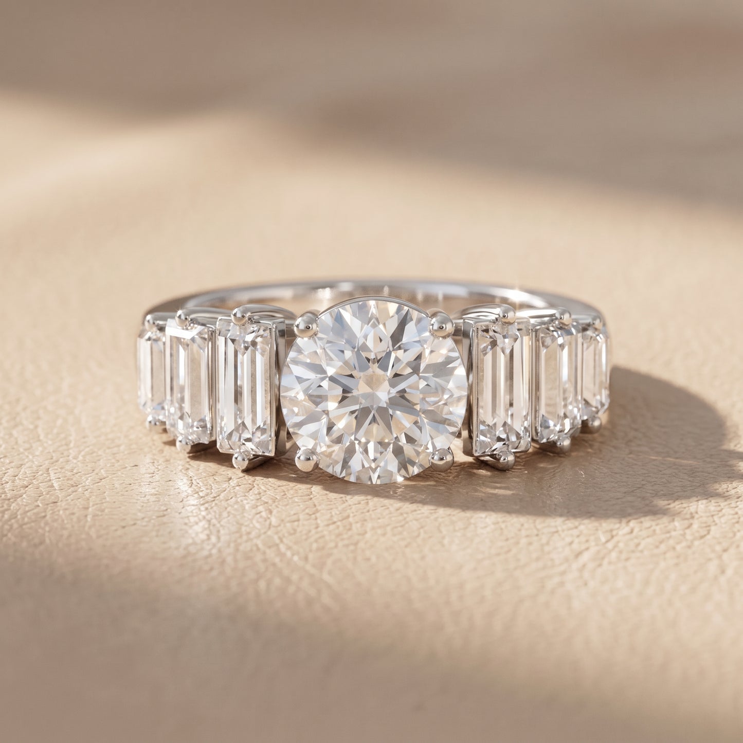 Mara Sidestone Baguette Accent Round Diamond Engagement Ring in White Gold - front.jpg