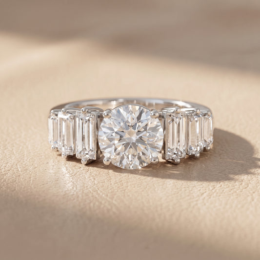 Mara Sidestone Baguette Accent Round Diamond Engagement Ring in White Gold - front.jpg