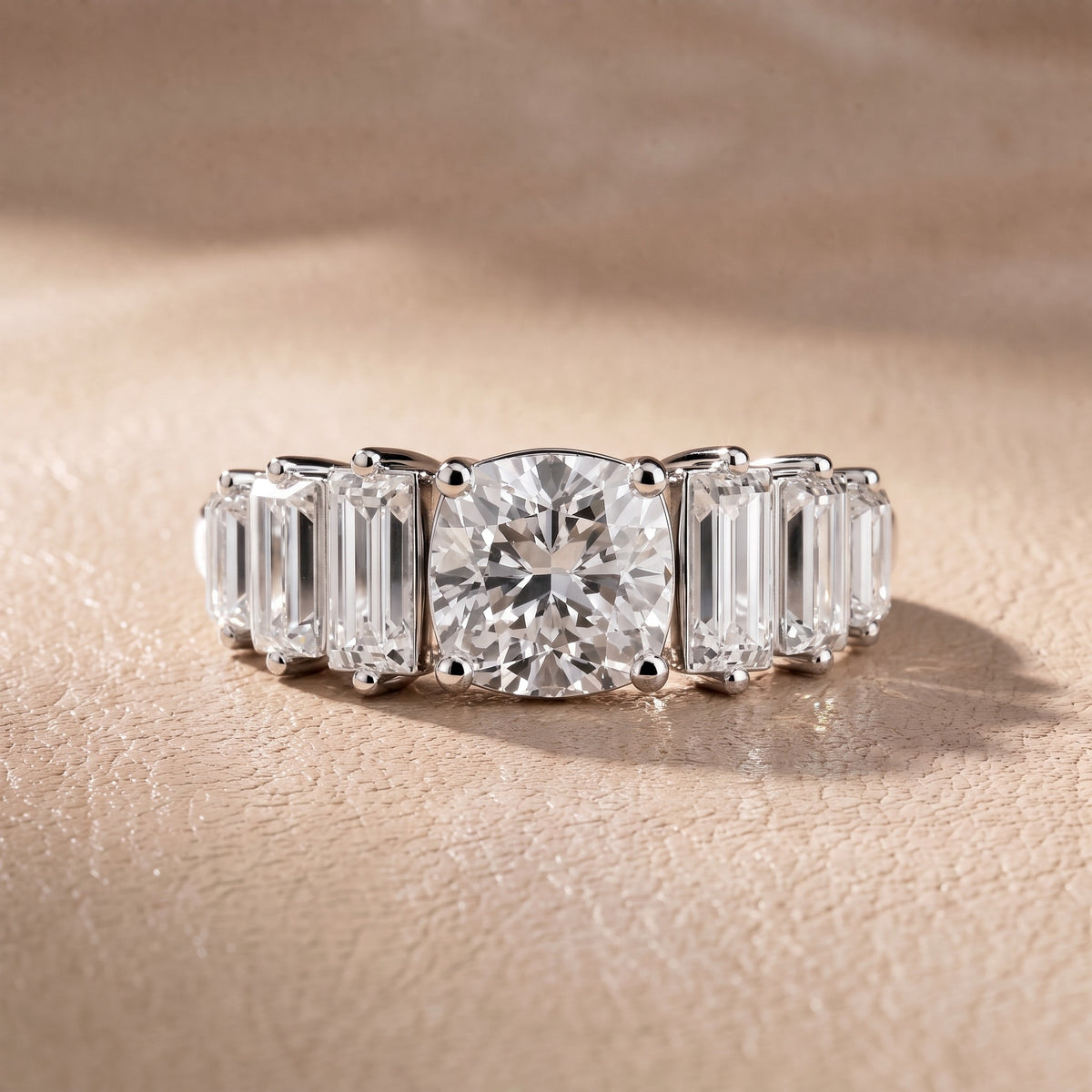 Mara Sidestone Baguette Accent Cushion Diamond Engagement Ring in White Gold - front.jpg