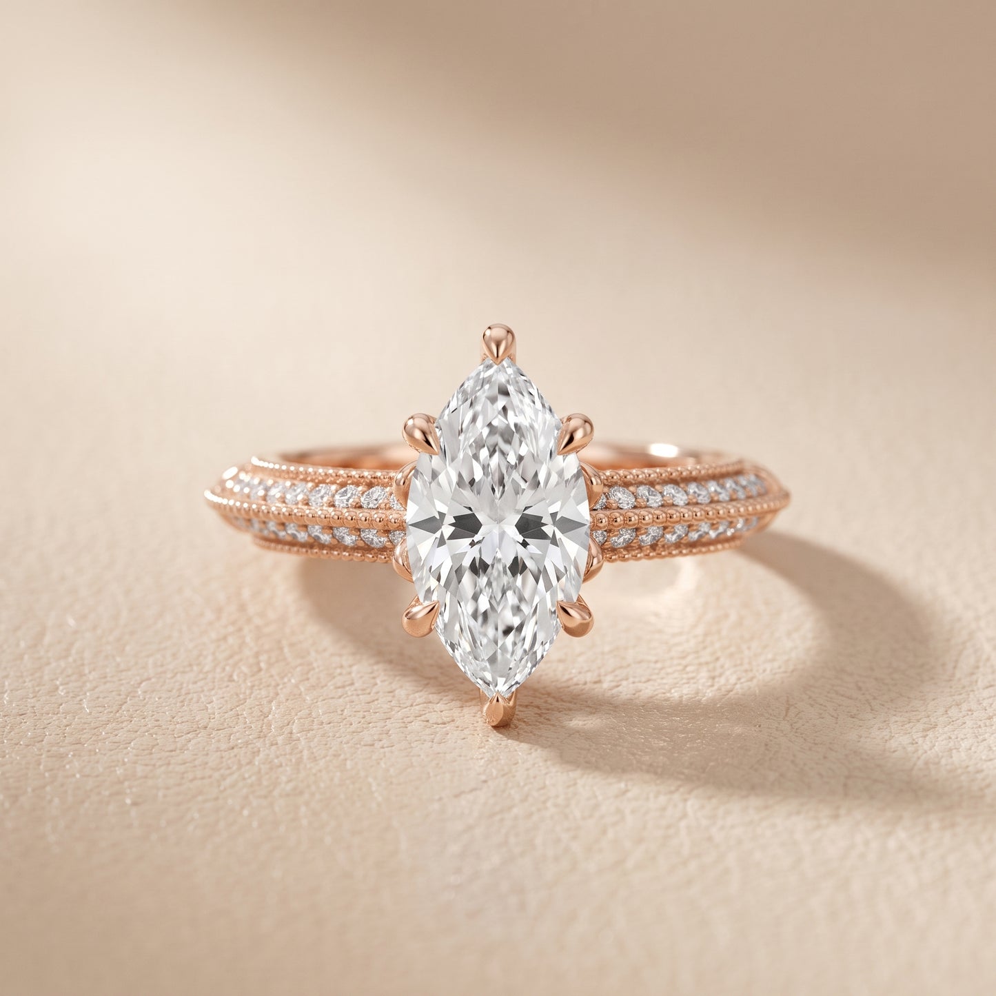 Indie Vintage Milgrain Marquise Diamond Engagement Ring in Rose Gold - front.jpg