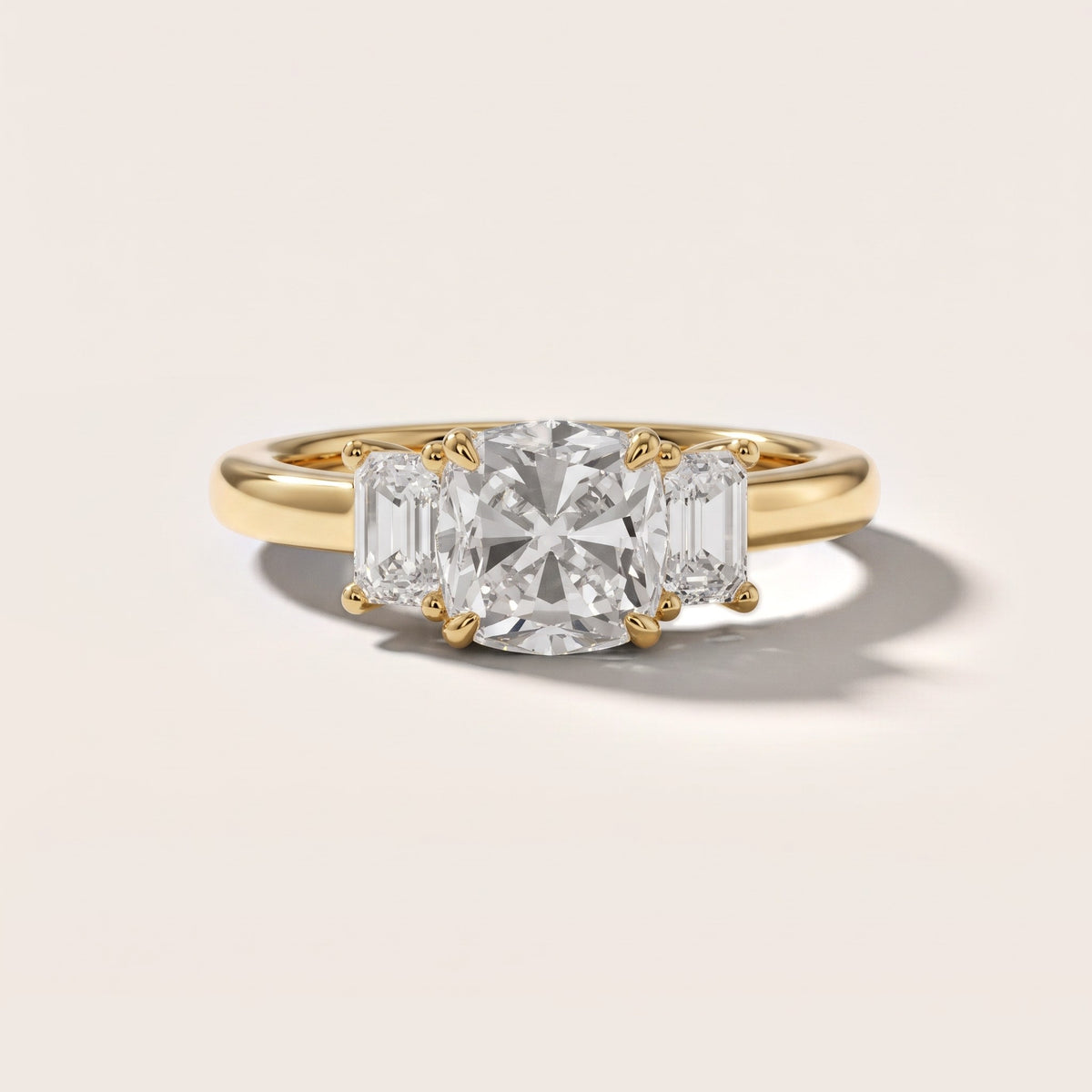Babette Deco Three-Stone Cushion Diamond Engagement Ring in Yellow Gold - front.jpg