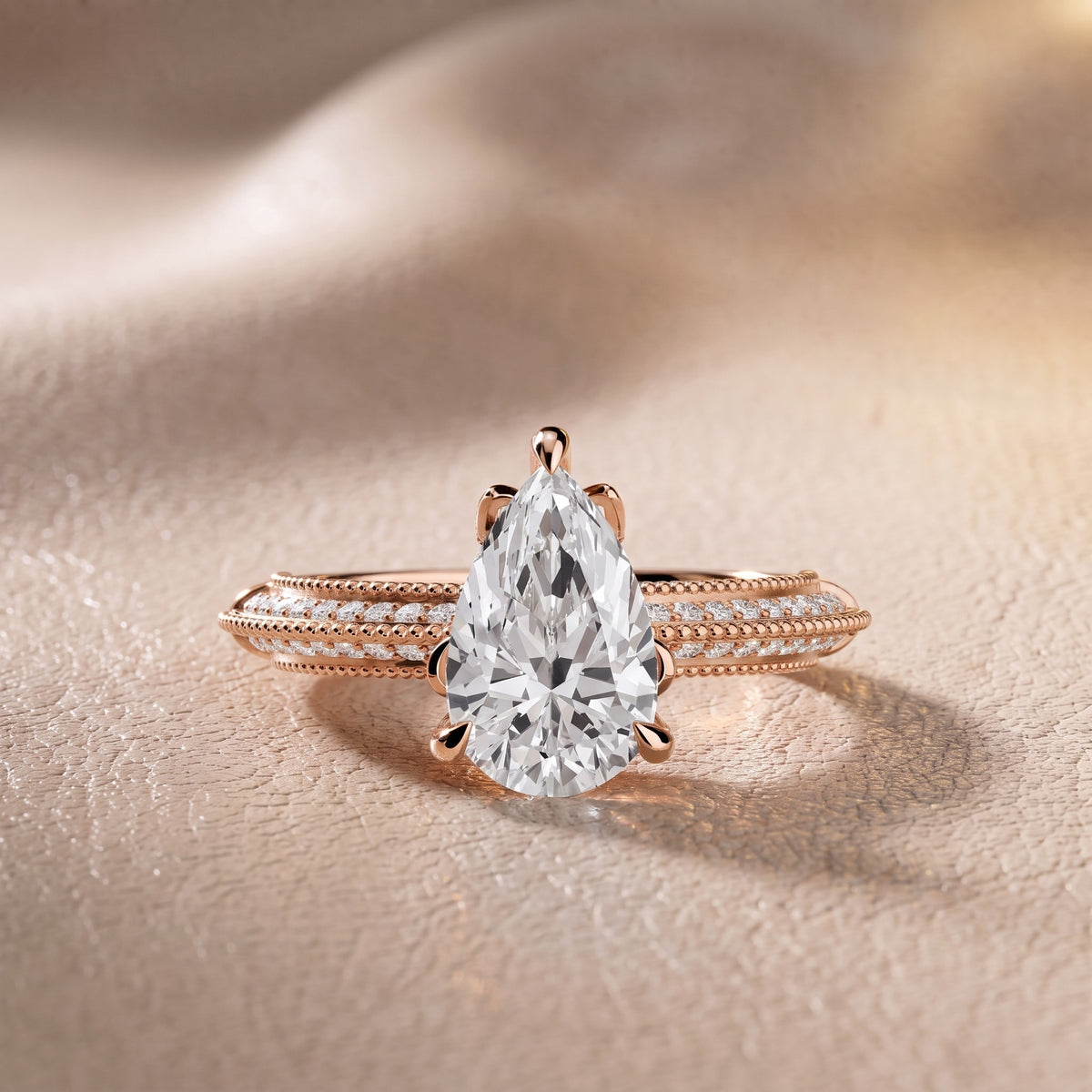 Chiara Vintage Milgrain Pear Diamond Engagement Ring in Rose Gold - front.jpg