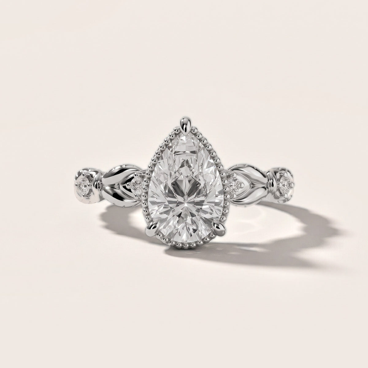 Pelham Vintage Leaf Pear Diamond Engagement Ring in White Gold - front.jpg