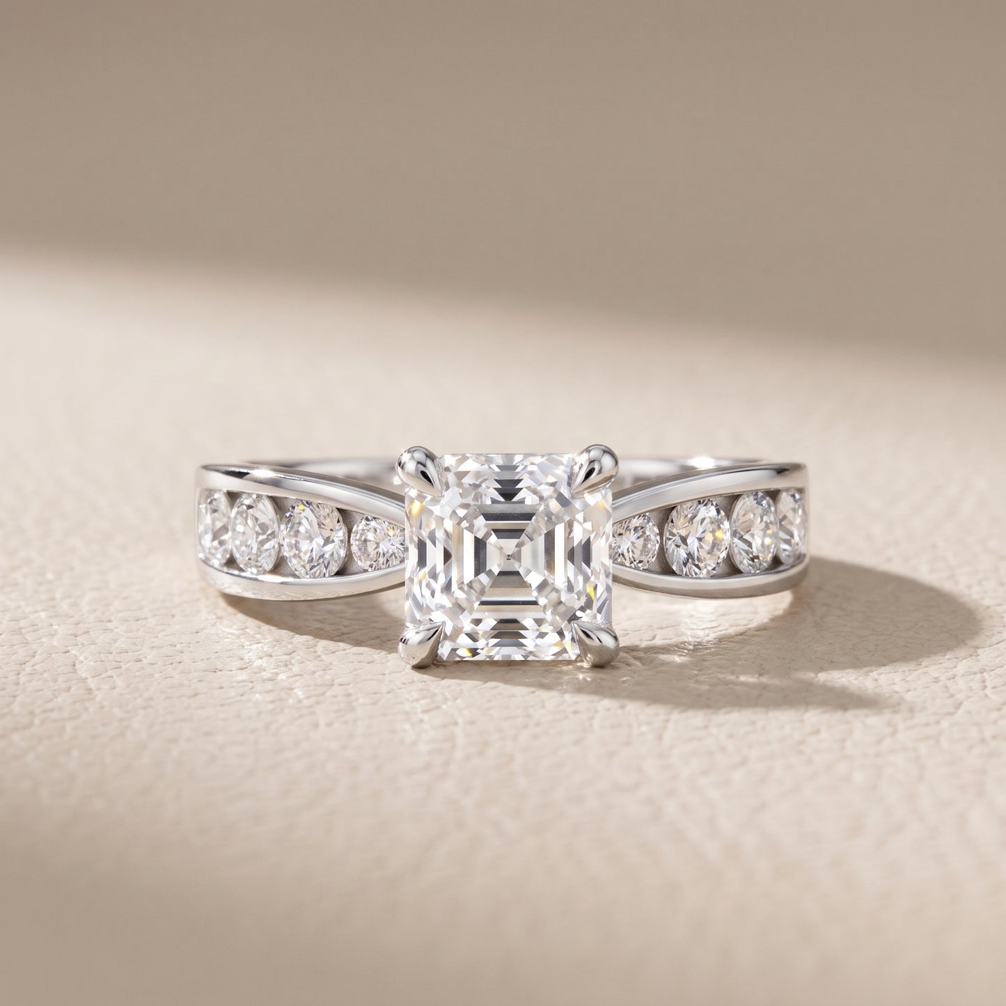 Noor Channel Set Sidestone Asscher Diamond Engagement Ring in Silver - front.jpg