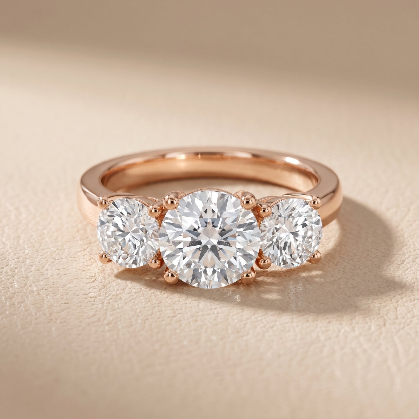 Callie Three-Stone Trellis Round Diamond Engagement Ring in Rose Gold - front.jpg