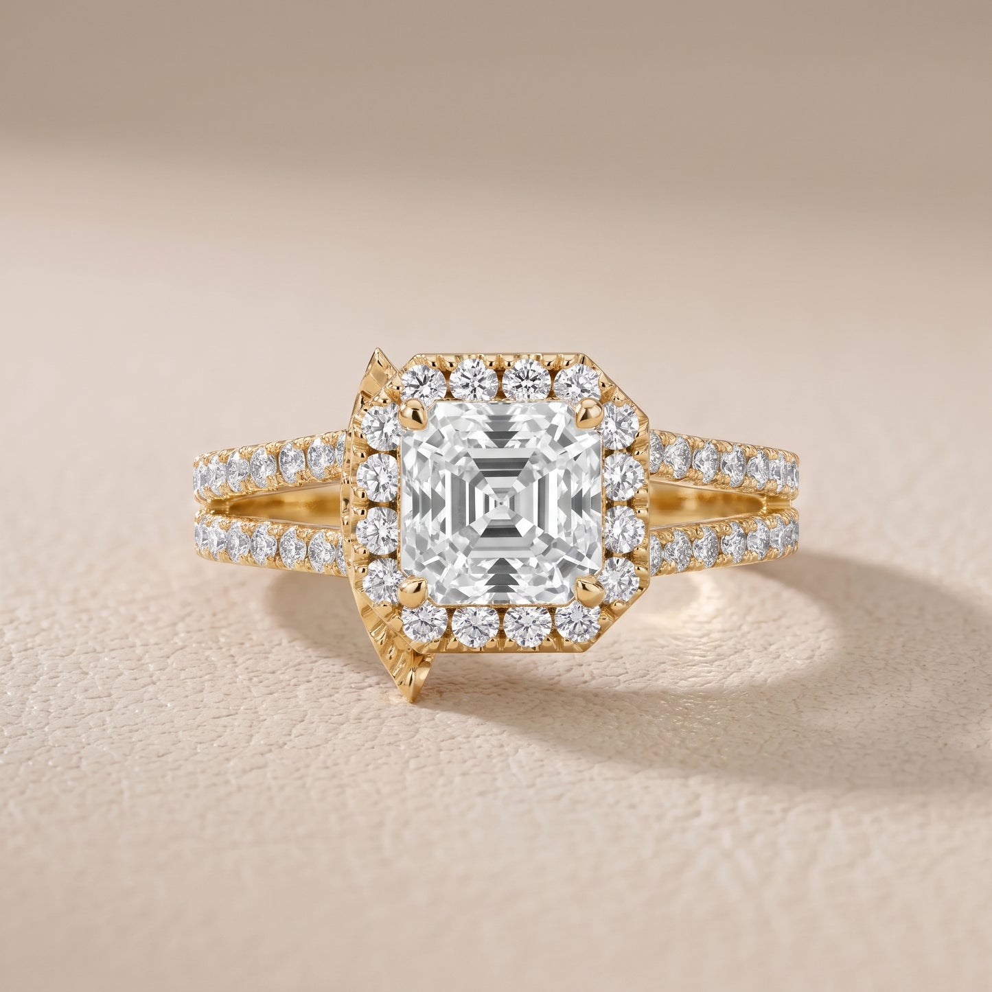 Kira Halo Split Shank Asscher Diamond Engagement Ring in Yellow Gold - front.jpg