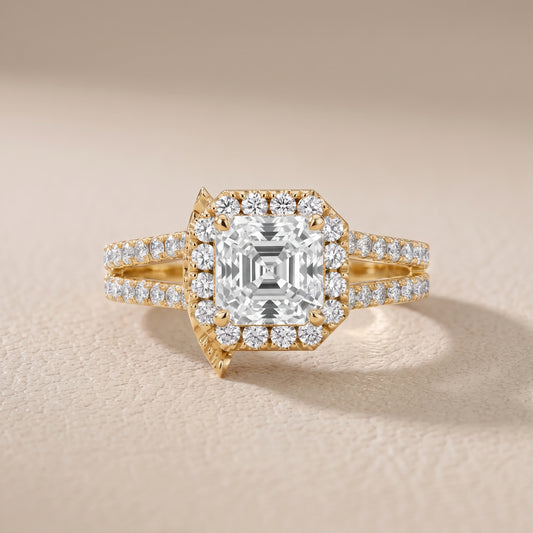 Kira Halo Split Shank Asscher Diamond Engagement Ring in Yellow Gold - front.jpg