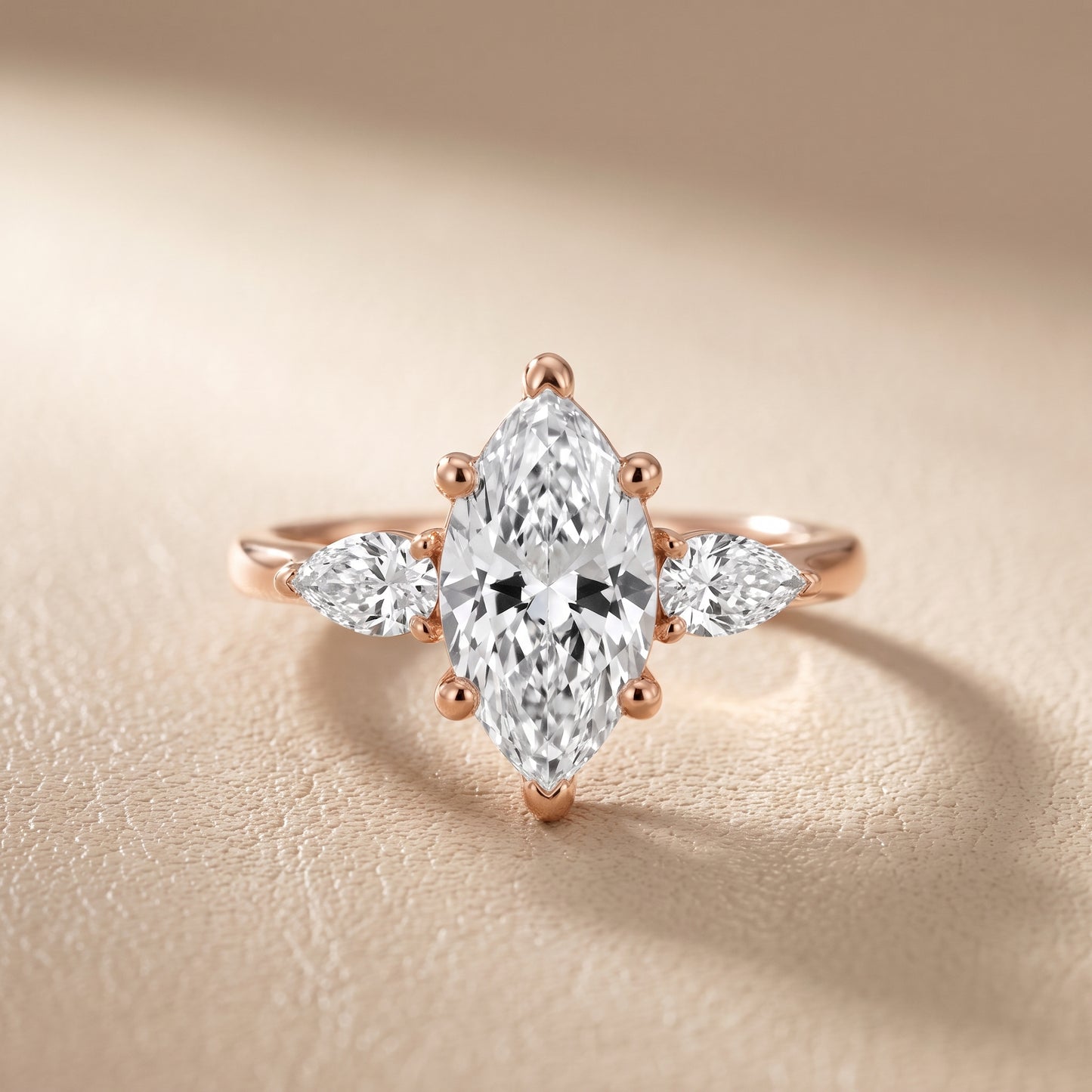 Faye Three-Stone Trellis Marquise Diamond Ring in Rose Gold - front.jpg