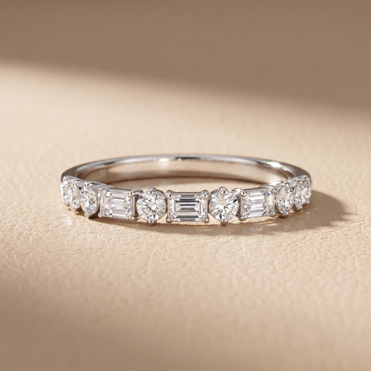 Rebecca Four Prong Emerald & Round Diamond Half Eternity Band in Silver - front.jpg