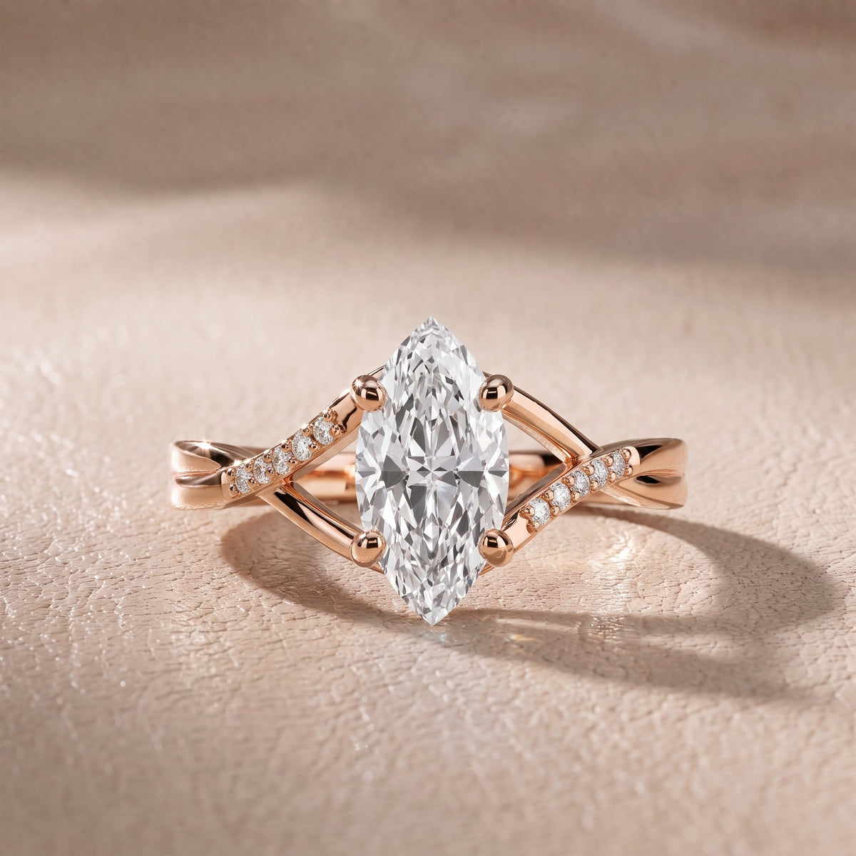 Veronica Twist Side Stone Marquise Diamond Engagement Ring in Rose Gold - front.jpg