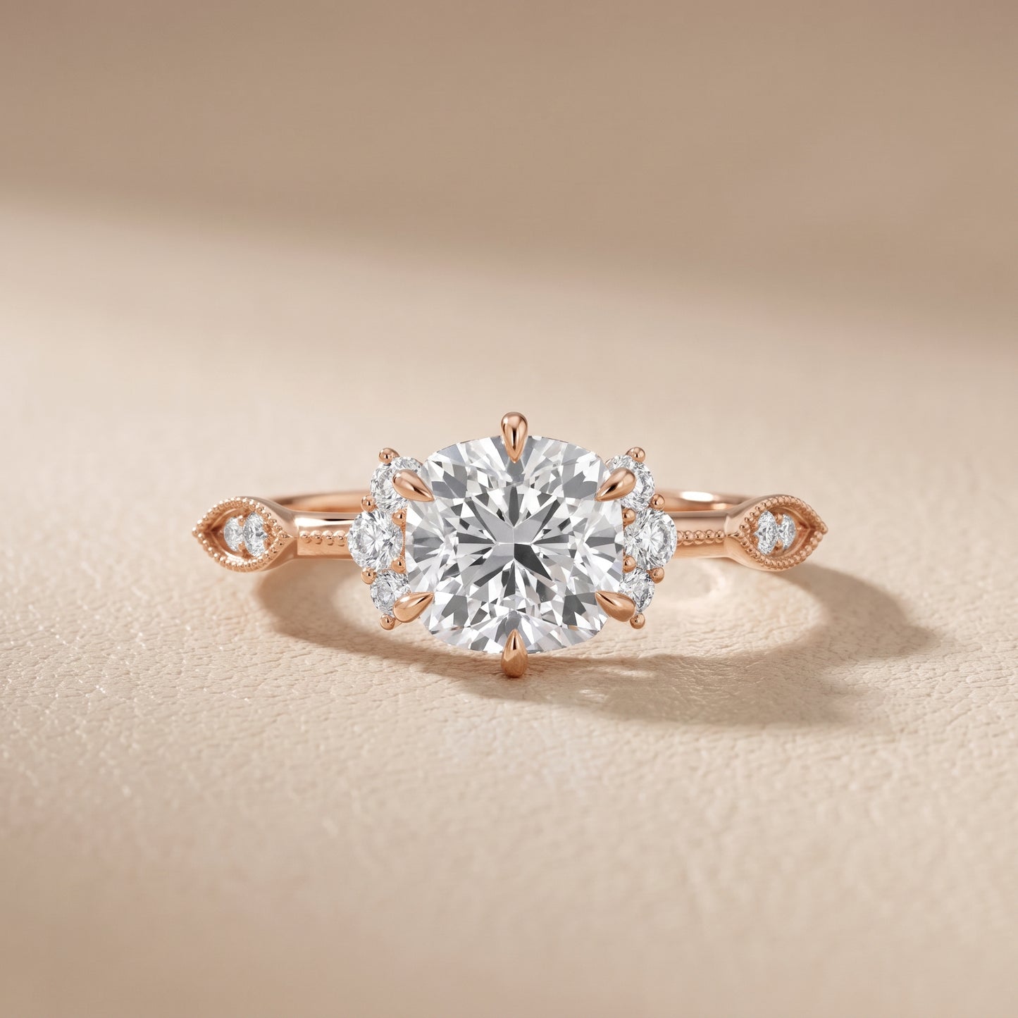 Naomi Vintage Milgrain Cushion Diamond Engagement Ring in Rose Gold - front.jpg