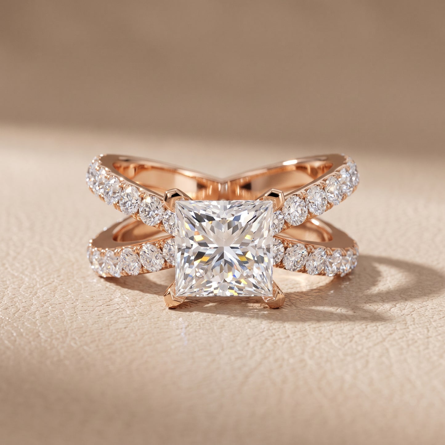 Lior Criss Cross Pavé Princess Diamond Engagement Ring in Rose Gold - front.jpg