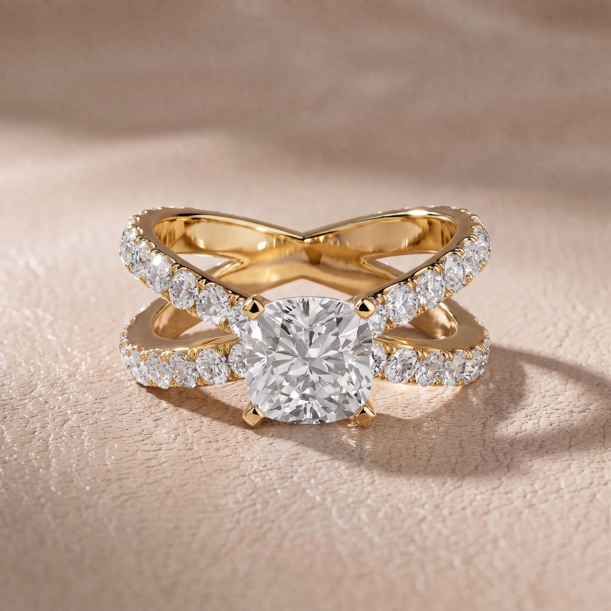 Ilaria Criss Cross Pavé Cushion Diamond Engagement Ring in Yellow Gold - front.jpg