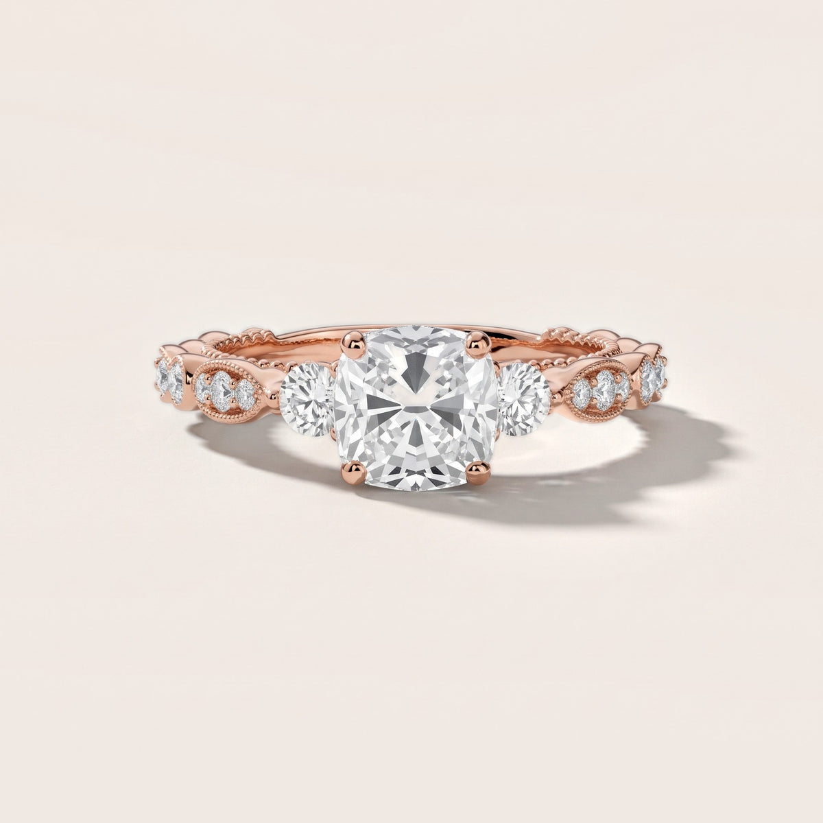 Pascale Vintage Filigree Cushion Diamond Engagement Ring in Rose Gold - front.jpg