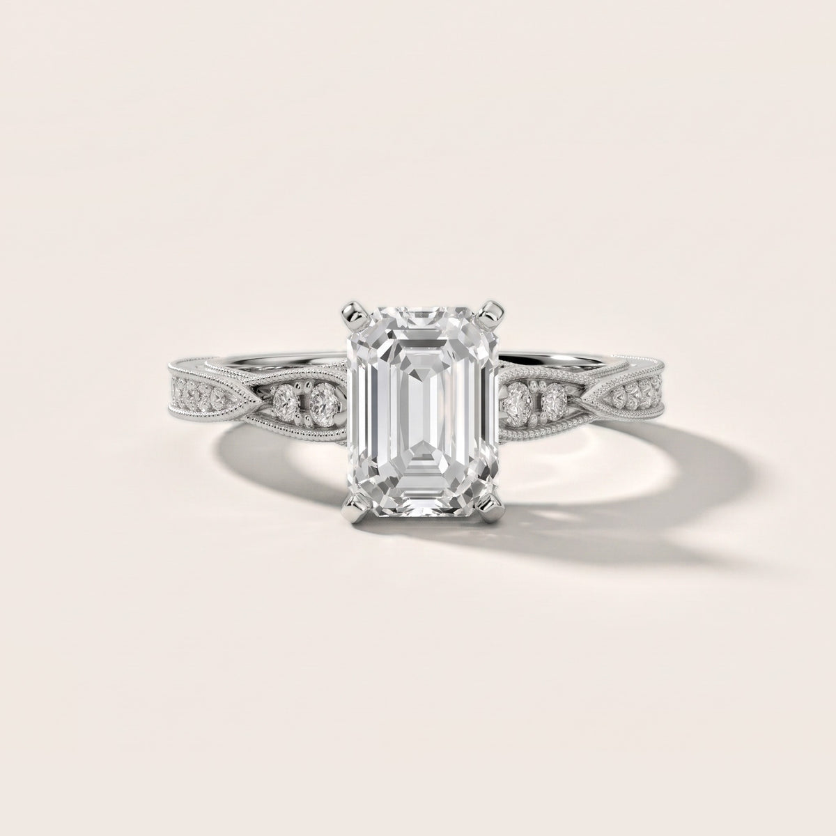 Lucette Scalloped Milgrain Emerald Diamond Engagement Ring in White Gold - front.jpg