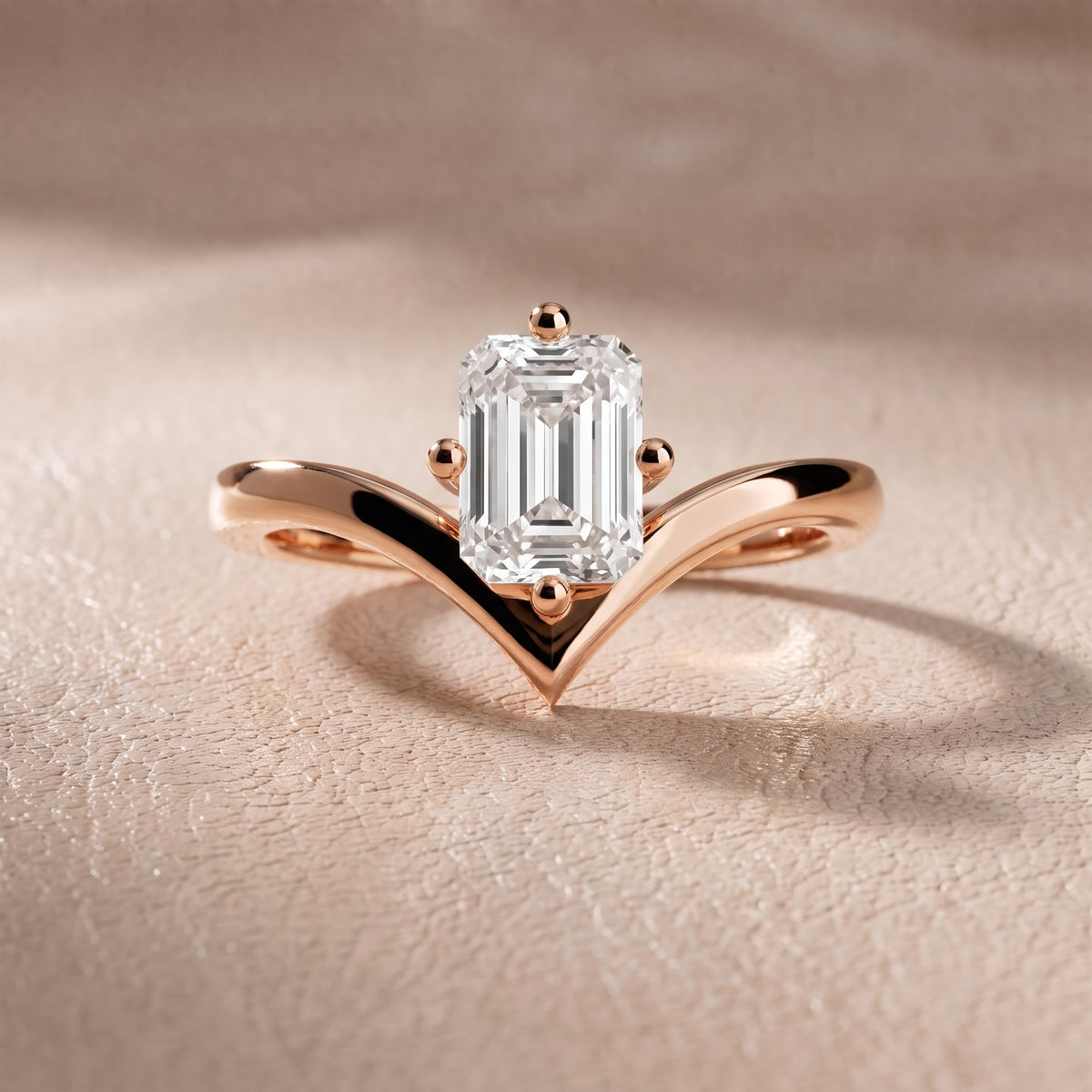 Evelyn Chevron Solitaire Emerald Diamond Engagement Ring in Rose Gold - front.jpg