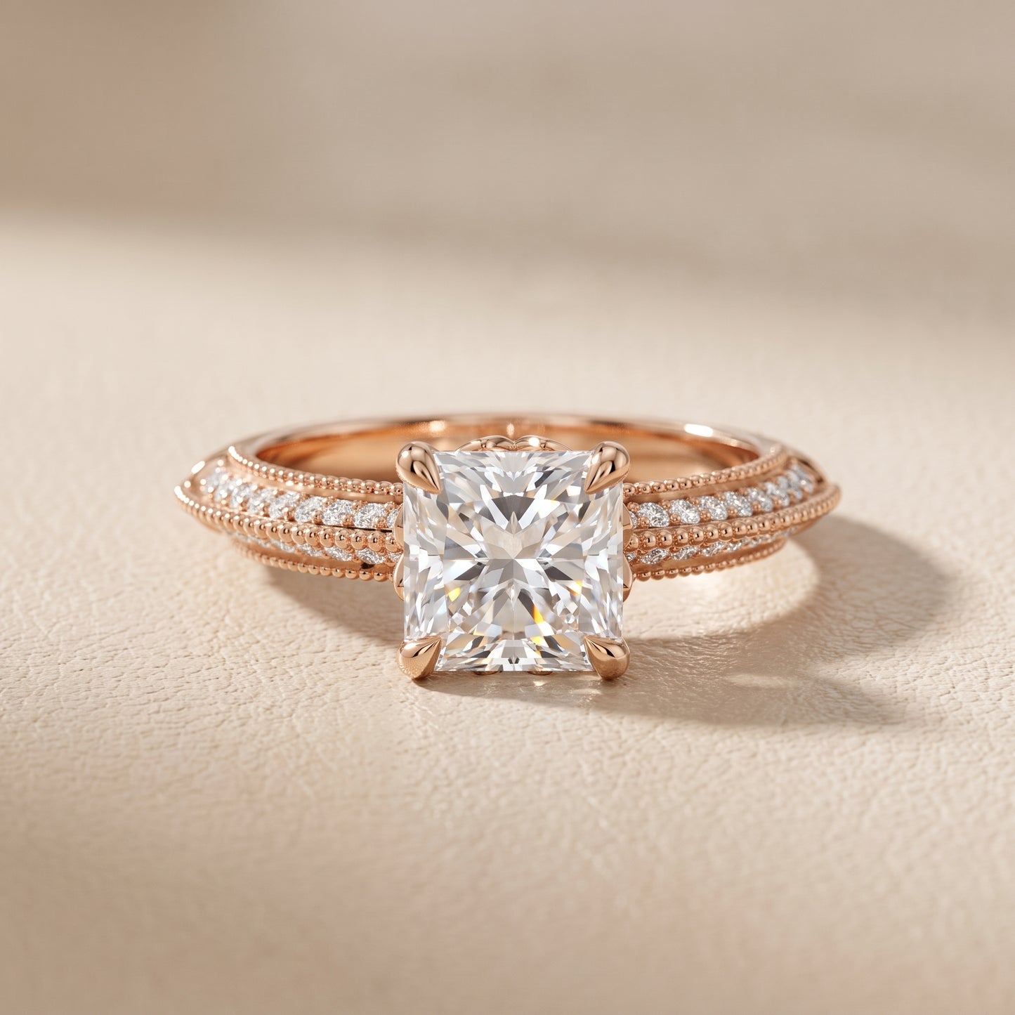 Indie Vintage Milgrain Radiant Diamond Engagement Ring in Rose Gold - front.jpg