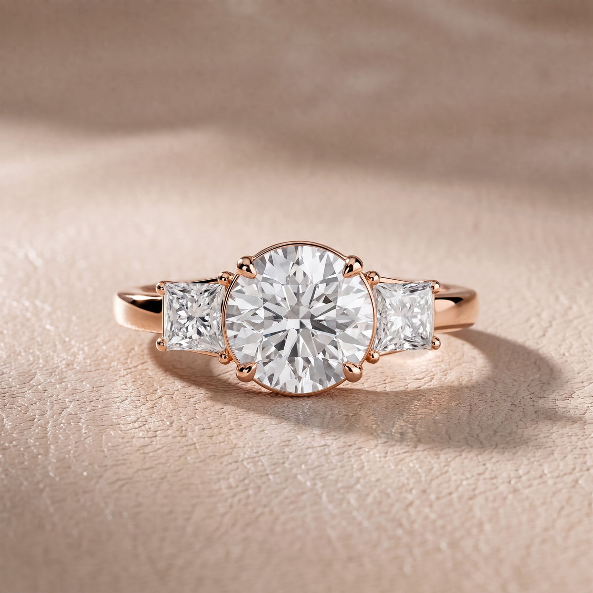 Aria Three-Stone Basket Round Diamond Engagement Ring in Rose Gold - front.jpg