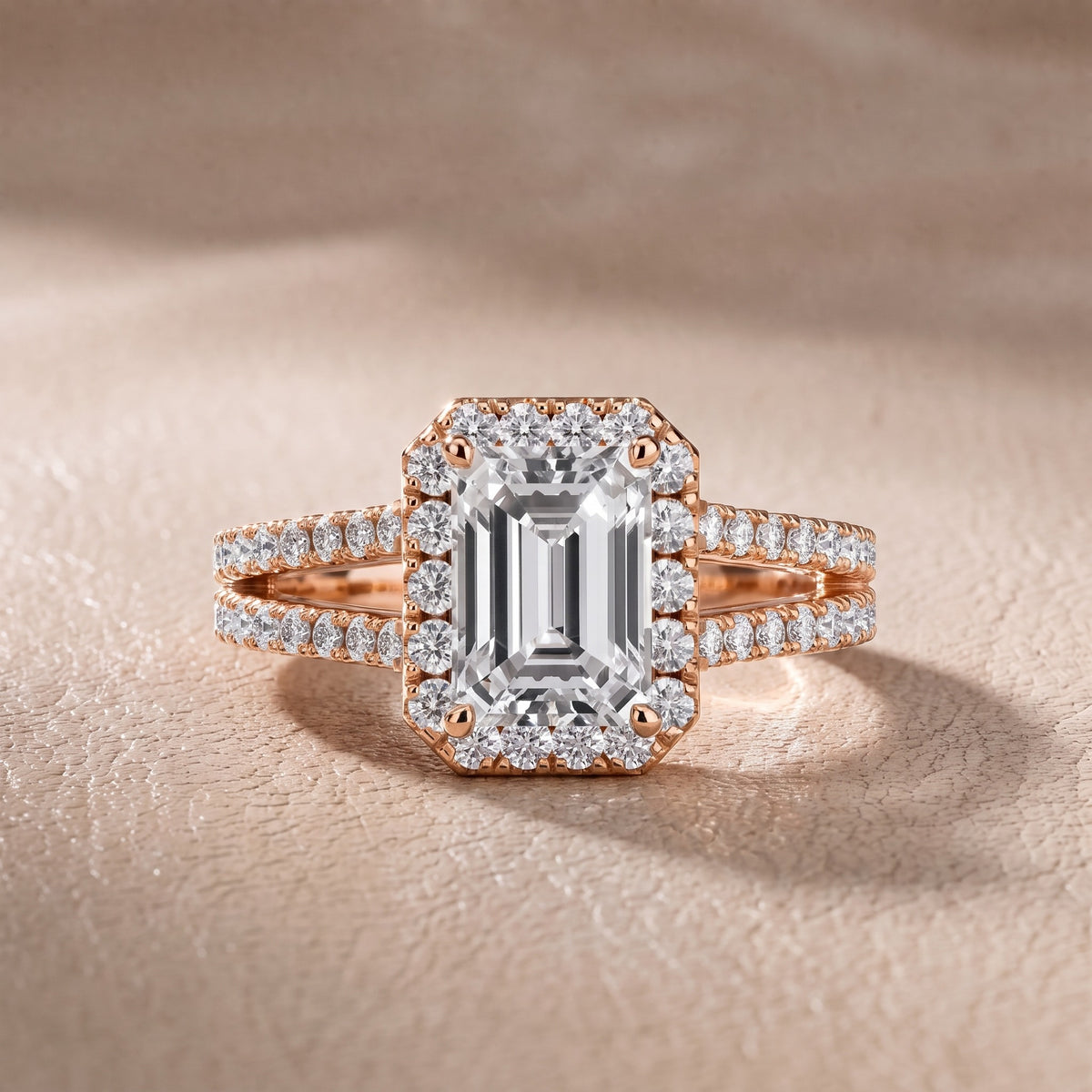 Kira Halo Split Shank Emerald Diamond Engagement Ring in Rose Gold - front.jpg